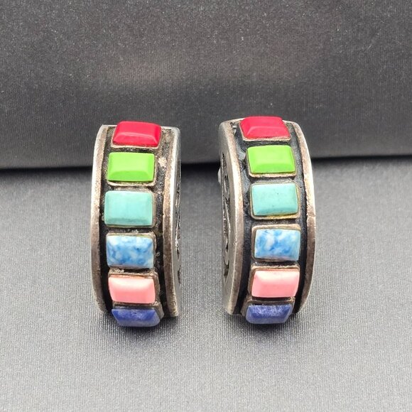 HS Jewelry - VTG Sterling Silver Multi Gemstone Earrings 5/8"x1/4" Filigree Accents Signed HS